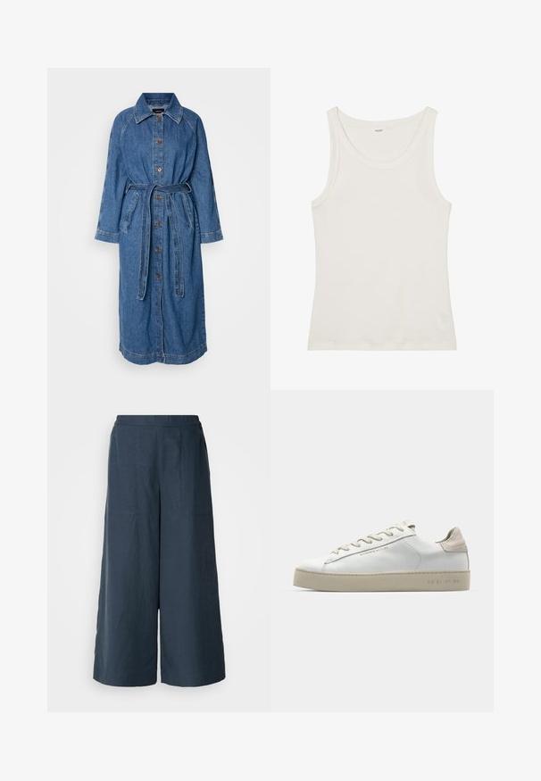 Μακρύ τζιν παλτό, ανοιχτό μπλε, με κουμπί μπροστά, ζώνη στη μέση, μακριά ραγλαν μανίκια, δύο μπροστινές τσέπες, με αντίθετους ράφες.; Λευκό βαμβακερό τοπάκι με φαρδιά λαιμόκοψη και λεπτές τιράντες. Λείος υφασμάτινος υφής χωρίς ορατά μοτίβα ή διακοσμήσεις.; Πλατύ παντελόνι σε ναυτικό μπλε χρώμα, φτιαγμένο από ελαφρύ ύφασμα. Διαθέτει ελαφρώς υφασμένη επιφάνεια, ελαστική μέση και μπροστινές ραφές.; Λευκά δερμάτινα sneakers με λεία επιφάνεια, μπεζ σουέτ λεπτομέρειες, στρογγυλή μύτη, επίπεδη σχέδια δέσιμο και υφασμένη καουτσούκ σόλα.