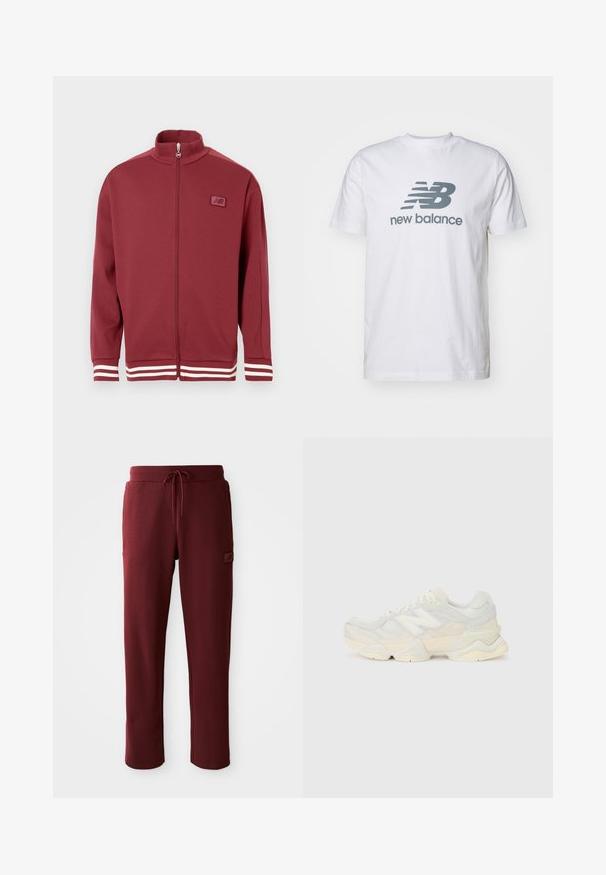 Červená bunda na zips s vysokým golierom, pruhované biele akcenty na rukávoch, mäkký materiál a malá nášivka s logom na hrudníku.; Biela bavlnená tričko s šedým logom "NB" a textom "new balance", krátke rukávy, klasický dizajn okrúhleho výstrihu, hladká textúra.; Burgundské teplákové nohavice vyrobené z mäkkého materiálu, s nastaviteľným pásom na šnúrku a bočnou vreckom s logom.; Ľahká teniska s vrchom z nylonovej sieťoviny a zamatovej kože v jemných krémových odtieňoch, so robustnou podrážkou a trojrozmernými akcentmi.