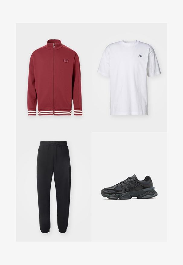 Giacca zip-up rossa con colletto alla coreana, accenti bianchi a righe sulle maniche, materiale morbido e una piccola patch con logo sul petto.; T-shirt bianco a maniche corte con scollo rotondo e piccolo logo nero New Balance sul lato sinistro del petto, su uno sfondo neutro.; Pantaloni della tuta neri realizzati in materiale morbido con vita elastica, coulisse e polsini aderenti, caratterizzati da un logo sottile sul lato.; Scarpa da corsa nera con una combinazione di materiali in rete e sintetici, suola spessa, design curvo e marchio ben visibile sul lato.