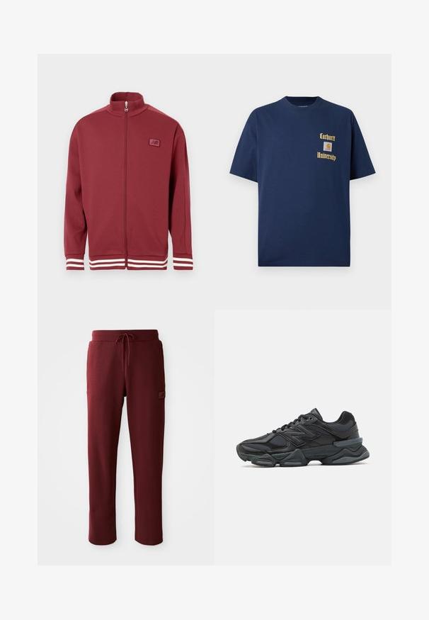 Casaco vermelho com fecho éclair e colarinho elevado, com riscas brancas nas mangas, material suave e um pequeno logo no peito.; T-shirt de algodão azul-marinho com mangas curtas, apresentando texto dourado "Carhartt University" e um emblema no lado esquerdo do peito.; Calças de moletão bordô feitas de um tecido suave, com uma cintura ajustável por cordão e um bolso lateral com um patch de logotipo.; Sapato de corrida preto com uma combinação de malha e materiais sintéticos, sola robusta, design curvado e uma marca de destaque na lateral.