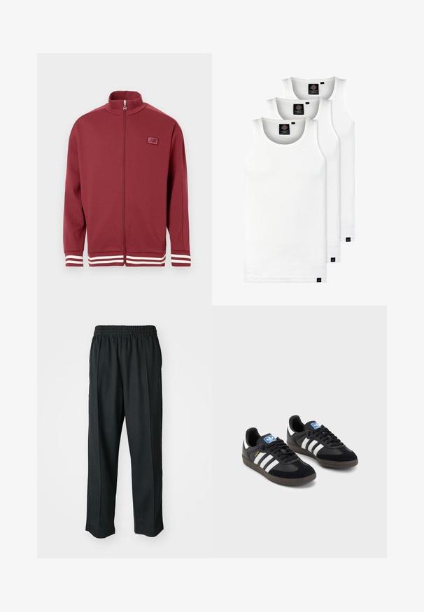 Casaco vermelho com fecho éclair e colarinho elevado, com riscas brancas nas mangas, material suave e um pequeno logo no peito.; Três tops em algodão de alças brancas com nervuras. Apresentam um decote redondo e pequenas etiquetas pretas perto da bainha. Disponíveis em vários tamanhos.; Calças atléticas pretas com um cós elástico, feitas de tecido suave, com costuras laterais discretas e um ajuste descontraído, design de perna reta.; Sneakers pretos com parte superior em camurça e sintético, apresentando três riscas brancas, sola de borracha texturizada e etiqueta azul no linguete.