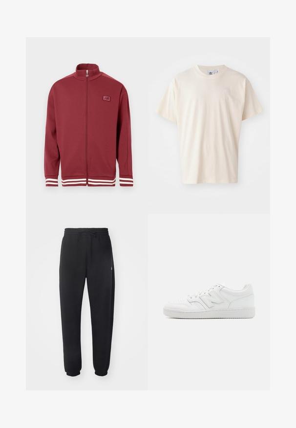 Casaco vermelho com fecho éclair e colarinho elevado, com riscas brancas nas mangas, material suave e um pequeno logo no peito.; T-shirt de algodão creme com decote redondo e mangas curtas; apresenta um pequeno logotipo de cor clara no peito.; Calças de treino pretas feitas de material suave, com cintura elástica, cordão e punhos ajustados, apresentando um logótipo discreto na lateral.; Sapatilha branca feita de couro liso, com bico perfurado, sola de borracha texturizada, atacadores planos e um destacado logotipo 'N' na lateral.