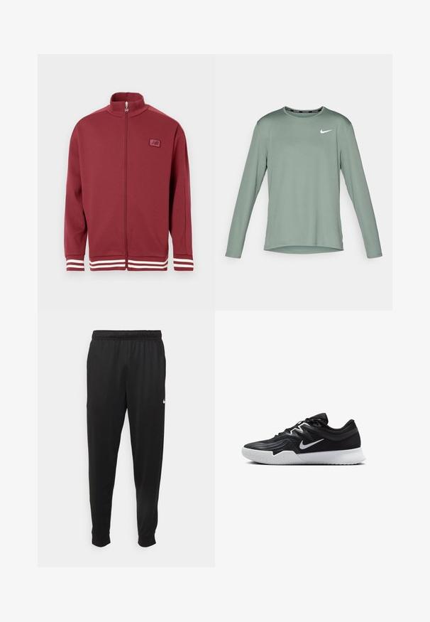 Červená bunda na zips s vysokým golierom, pruhované biele akcenty na rukávoch, mäkký materiál a malá nášivka s logom na hrudníku.; Dlhá rukávová športová košeľa v tlmenej zelenej látke, s kruhovým výstrihom a bielym logom Nike na ľavej hrudi. Hladká textura.; Čierne športové nohavice z hladkej tkaniny, s elastickým pásom, zužujúcimi sa nohavicami a malým bielym logom na ľavej strane.; Čierna športová topánka s textúrovaným zvrškom, bielym logom Nike a bielou gumovou podrážkou. Má šnurovací dizajn a dynamický tvar.