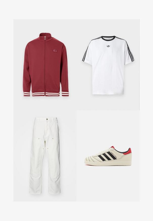 Červená zipová bunda s vysokým límcem, pruhované bílé detaily na rukávech, měkký materiál a malá nášivka loga na hrudi.; Bílá bavlněná tričko s černým kulatým výstřihem a třemi černými pruhy na každém rameni. Malé černé logo na hrudi.; Bílé bavlněné cargo kalhoty s volným střihem. Vlastnosti zahrnují přední kapsy, zlaté kovové detaily a zpevněné oblasti na kolenou.; Krémové kožené tenisky s černými pruhy, červenými akcenty na patě a texturovanými detaily. Mají gumovou podrážku a šněrování.