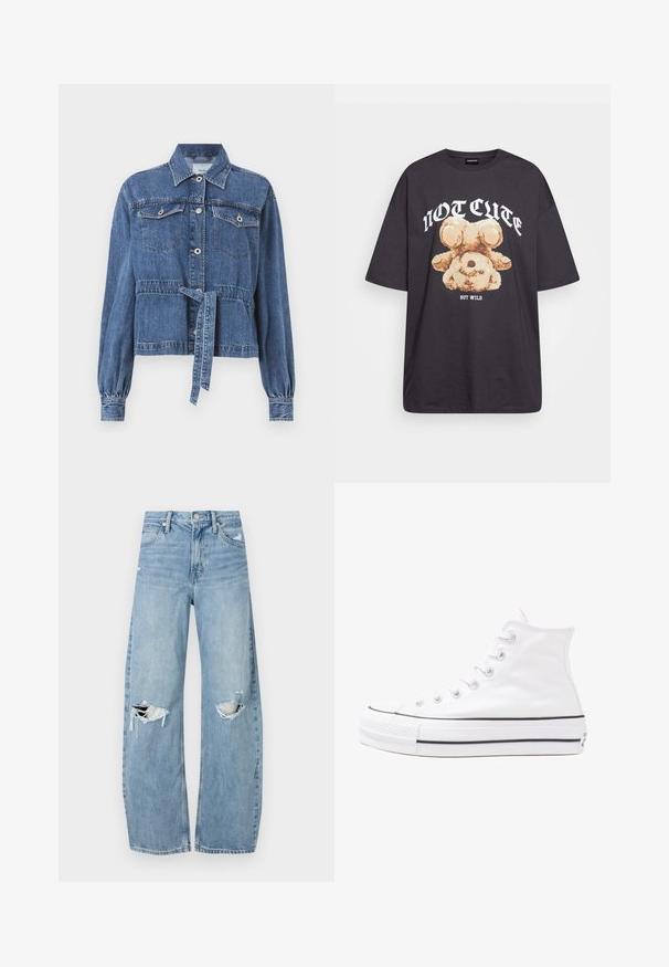 Μπλε τζάκετ από τζην με εφαρμοστή μέση, μακριά φουσκωτά μανίκια, δύο τσέπες στο στήθος και κουμπί μπροστά. Διαθέτει ζωνάκι στη μέση.; Μαύρη oversized μπλούζα με γραφικό ενός αρκούδου και το κείμενο "ΟΧΙ ΓΛΥΚΊΣΤΙΚΗ ΑΛΛΆ ΑΓΡΙΑ" σε έντονη λευκή γραφή. Υφασμά από βαμβάκι.; Ανοιχτόμπλε, ψηλόμεσα τζιν φτιαγμένα από τζιν ύφασμα. Διαθέτουν φαρδιές καμπάνες, δύο σκισμένα γόνατα και κλασικό στιλ πέντε τσεπών.; Λευκό ψηλό καμβαδάκι αθλητικό παπούτσι με μαύρη καουτσούκ σόλα, πρόσθιο καουτσούκ καλύμματος δακτύλου και έξι οπές για κορδόνια, με μια καθαρή και μίνιμαλ σχεδίαση.