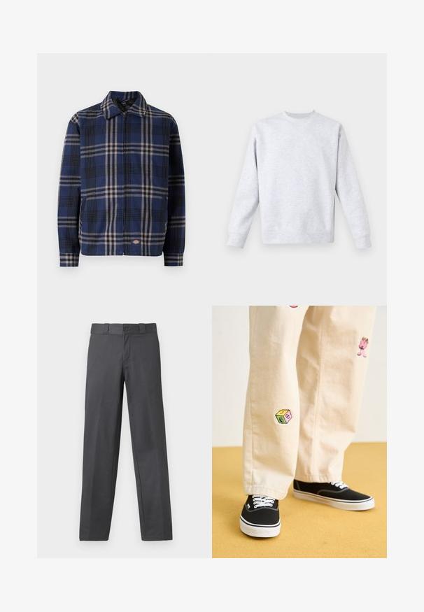 Tamsiai mėlyna, juoda ir smėlio spalvos negabaritinis švarkas su plaid raštu. Jame yra apykaklė, priekinis užtrauktukas ir elastingi rankogaliai, ant apatinės dalies yra logotipas.; Šviesiai pilkas džemperis, pagamintas iš minkštos medžiagos, su apvalia kaklo iškirpte, ilgomis rankovėmis, bei gumuotais rankogaliais ir apačia. Minimalistinio dizaino, be raštų.; Pilkos kelnes, pagamintos iš lygios medžiagos, tiesaus kirpimo, su mygtuko užsegimu ir dirželių kilpomis; minimalūs siūlės ir be raštų.; Bežinės medvilninės kelnės su žaismingais siuvinėjimais, įskaitant rožinį personažą ir spalvotą bloką, derinamos su juodais bateliais su raišteliais.