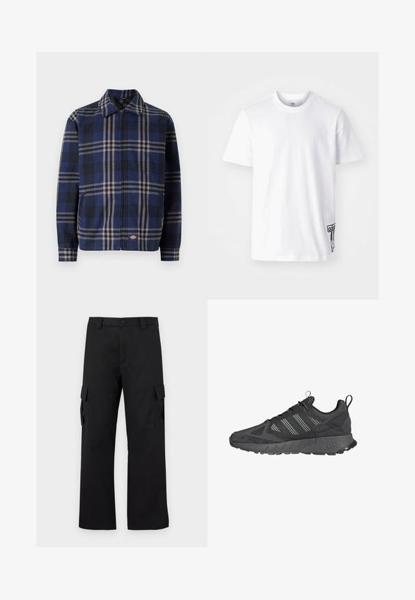 Kockás dzseki sötétkék, fekete és bézs színben. Galléros nyakkal, elöl cipzárral és rugalmas mandzsettákkal rendelkezik, az alsó oldalon logóval.; Fehér pamut póló rövid ujjakkal, kerek nyakkivágással, és egy fekete Adidas logóval az alsó bal oldalon. Simaság jellemzi.; Fekete cargo nadrág egyenes szárú kialakítással. Tartós anyagból készült, két oldalzsebbel, tépőzáras fedéllel és gombos zipzárral.; Fekete sportcipők, hálós és velúrból készült felsőrésszel, texturált gumitalppal, párnázott bokával és jellegzetes háromsávos szürke mintával.