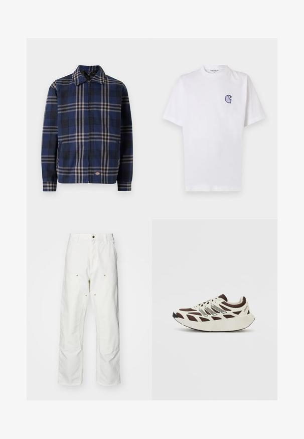 Tamsiai mėlyna, juoda ir smėlio spalvos negabaritinis švarkas su plaid raštu. Jame yra apykaklė, priekinis užtrauktukas ir elastingi rankogaliai, ant apatinės dalies yra logotipas.; Baltas medvilninis marškinėlis trumpomis rankovėmis, apvalia iškirpte ir mažu siuvinėtu mėlynu „C“ logotipu kairėje krūtinės pusėje.; Balti medvilniniai kargo džinsai su laisvu siluetu. Ypatybės apima priekines kišenes, auksinius apdailos elementus ir sustiprintas kelio dalis.; Rudi ir kreminiai sportbačiai su tinklelio viršumi, tekstūruotais akcentais ir apvaliu, storu baltu pado. Įrengta žema liežuvėlio ir raištelių konstrukcija.
