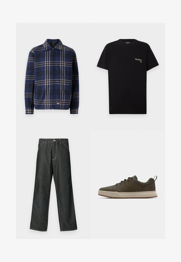 Karirana jakna v mornarsko modri, črni ter bež barvi. Ima ovratnik, sprednji zadrgo in elastične manšete z logotipom na spodnji strani.; Črna bombažna majica s kratkimi rokavi, okroglo izrezano ovratnikom in majhnim belim logotipom natisnjenim na levem delu prsnega koša.; Temno modre široke kavbojke iz jeansa z belo šivom, standardnim pet žepnim dizajnom, zapiranjem na kovinski gumb in ravnimi robovi.; Temnozeleni superge z gladkim zgornjim delom, svetlo bež srednjim podplatom in gumijastim zunanjim podplatom. Imajo zaobljen nos in minimalno blagovno znamko na peti.