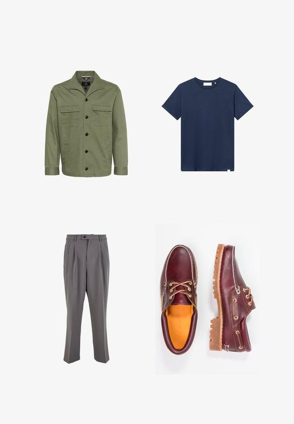 Oliven grøn jakke lavet af bomuld med krave, to brystlommer og knaplukning foran. Stofretningen har en subtil stribet tekstur.; Mørkeblå bomulds-T-shirt med rund halsudskæring, korte ærmer og et lille broderet logo på venstre bryst. Glat tekstur.; Grå plisserede bukser lavet af glat stof, med lige snit, en enkelt knaplukning og bæltestropper. Minimalistisk design.; Bordeaux lædersko med brune gummisåler, rund tå, hvid syning og gyldne snøringer. Indersiden har et gult for.