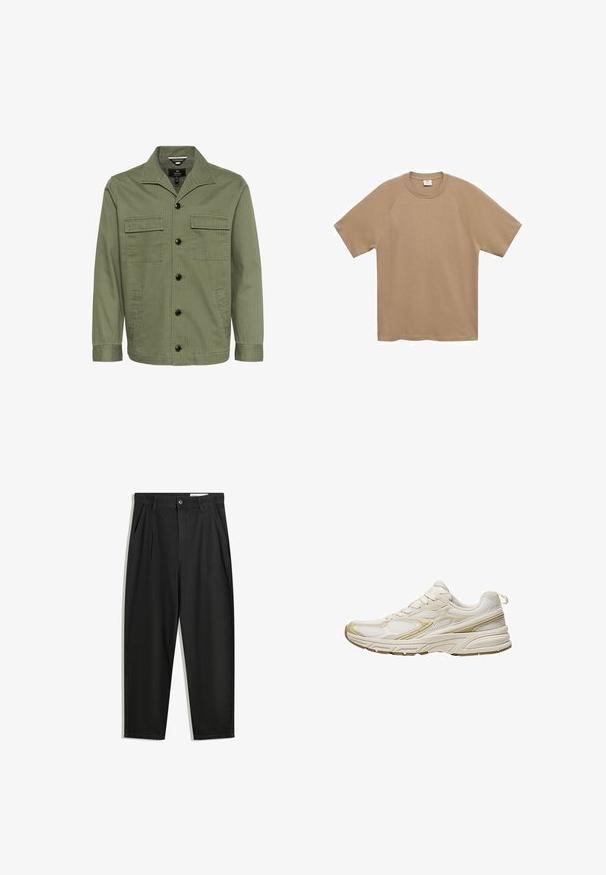 Oliven grøn jakke lavet af bomuld med krave, to brystlommer og knaplukning foran. Stofretningen har en subtil stribet tekstur.; Mango T-shirts basic - beige; Sorte bomuldsbukser med en afslappet pasform, der har en klassisk talje, frontfolder og sidelommer. Glat tekstur uden mønstre.; Hvide atletik-sko lavet af mesh og syntetisk materiale, med en rund tå, polstret sål og beige accenter på siderne.
