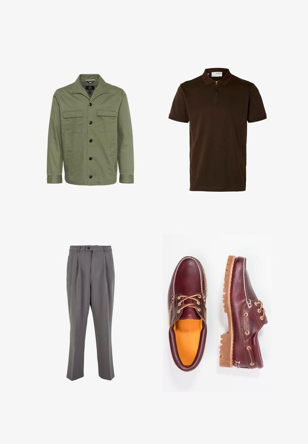 Olivgrüne Jacke aus Baumwolle mit Kragen, zwei Brusttaschen und vorderem Knopfverschluss. Der Stoff weist eine dezente gestreifte Struktur auf.; Braunes Poloshirt aus glattem Stoff, mit einem Reißverschlusskragen, kurzen Ärmeln und einer taillierten Passform. Keine Muster oder Verzierungen sichtbar.; Graue, plissierte Hose aus glattem Stoff, mit geradem Schnitt, einem Knopfverschluss und Gürtelschlaufen. Minimalistisches Design.; Bordeauxfarbene Lederschuhe mit braunen Gummisohlen, runder Zehenform, weißen Nähten und goldenen Ösen. Das Innenfutter weist eine gelbe Beschichtung auf.