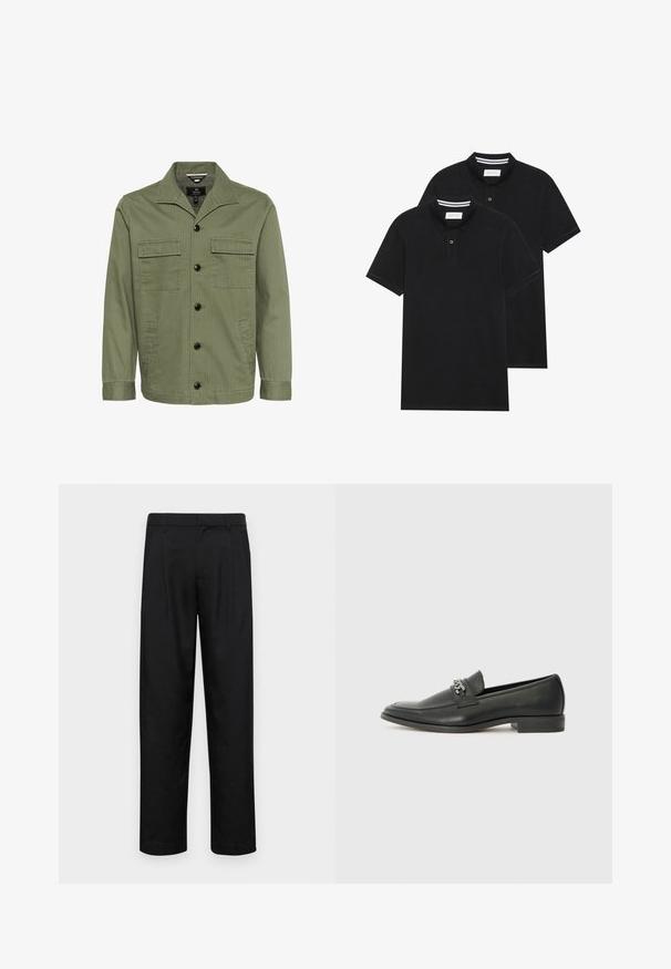Oliivroheline puuvillane jakk krae, kahe rinnatasku ja eest nupuga kinnitusega. Kangas näitab peent triibulist tekstuuri.; Kaks musta polo särki, lühikeste varrukatega, puuvillane materjal, klassikalise kraega, kahe nupuga kinnitusega, valgete triipudega krae sisepinnal.; Mustad mustadest riietest, millel on sirge jalgade disain, kaks eesmist voltimist ja tavaline vöökoht, millel on vöökohad.; Must haveate nahkking punased, millel on sile viimistlus, tikitud muster ja dekoratiivne metallkett vampi üle. Tasane konts.