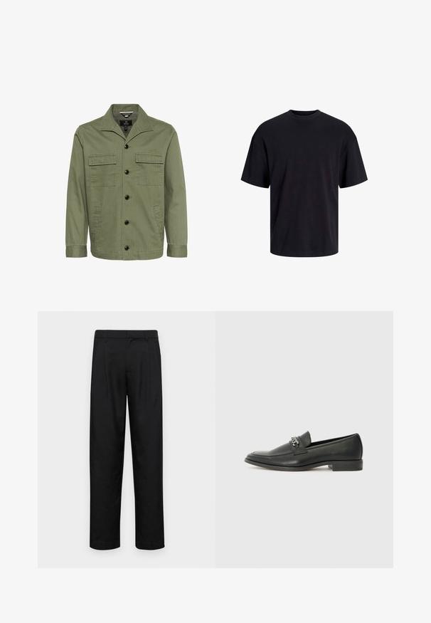 Olivi vihreä takki, joka on valmistettu puuvillasta ja jossa on kaulus, kaksi rintataskua ja etupainonappikiinnitys. Kankaassa on hienovarainen raidoitus.; Musta puuvillapaita, jossa on pyöreä kaula-aukko, lyhyet hihat ja rento muotoilu. Yksinkertainen ja sileä pinta, ilman näkyviä kuvioita tai koristeita.; Mustat housut, jotka on valmistettu sileästä kankaasta, suoran lahkeen muotoilulla, kahdella etupleekillä ja tavanomaisella vyötäröllä, jossa on vyölenkit.; Musta nahkakengät, joissa on sileä pinta, koristeelliset ompeleet ja metalliketjun yksityiskohta kengän päällä. Littee korko.