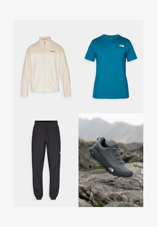Krém színű plüss dzseki, cipzáros elülső résszel, magas nyakú kivitelben, a Columbia logóval a mellkas fölött; puha tapintású és testhezálló formájú.; Tölgy színű, rövid ujjú póló, puha pamutból készült, bal mellen fehér logóval és klasszikus kerek nyakkivágással.; Fekete sportnadrág, könnyű anyagból készült, húzózsinóros derékkal, oldalsó zsebekkel és szűkített szárakkal a bokáknál.; Szürke terepfutó cipő, texturált felsőrésszel, tartós gumitalppal és megerősített orr résszel. Fekete fűzők és márka logó a cipő oldalán.