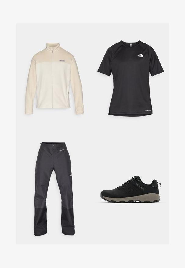 Kremowa polarowa kurtka z zapięciem na zamek, wysokim kołnierzem i logo Columbia nad klatką piersiową; miękka struktura i dopasowany fason.; Czarna, krótkosleeve'owa koszulka sportowa z teksturowanej tkaniny, z białym logo na lewej piersi i prostym dołem.; Czarne wodoodporne spodnie o gładkiej fakturze, z logo GORE-TEX z przodu i wzmocnionymi dolnymi nogawkami dla zwiększonej trwałości.; Czarne buty trekkingowe z gładką cholewką, perforowanym wzorem, szarym podeszwą oraz wzmocnionym obcasem. Wyposażone w sznurowadła oraz pętelkę umożliwiającą łatwe zakładanie.