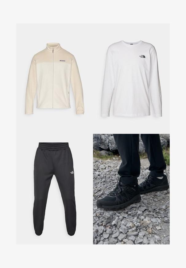 Crème-kleurige fleecejack met ritssluiting aan de voorkant, hoge kraag en het Columbia-logo boven de borst; zachte textuur en getailleerd ontwerp.; Witte lange mouwen T-shirt gemaakt van katoen met een ronde hals. Beschikt over een klein zwart logo op de borst. Soepele textuur, normale pasvorm.; Zwarte sweatpants met een trekkoord in de taille, tapered fit, elastische boorden en een klein wit logo op de linker dij, gemaakt van gladde stof.; Zwarte buitenschoenen van mesh en synthetisch materiaal, met een gestructureerd bovenwerk, een beveiligd vetersysteem en een robuuste zool, op een ruig terrein.