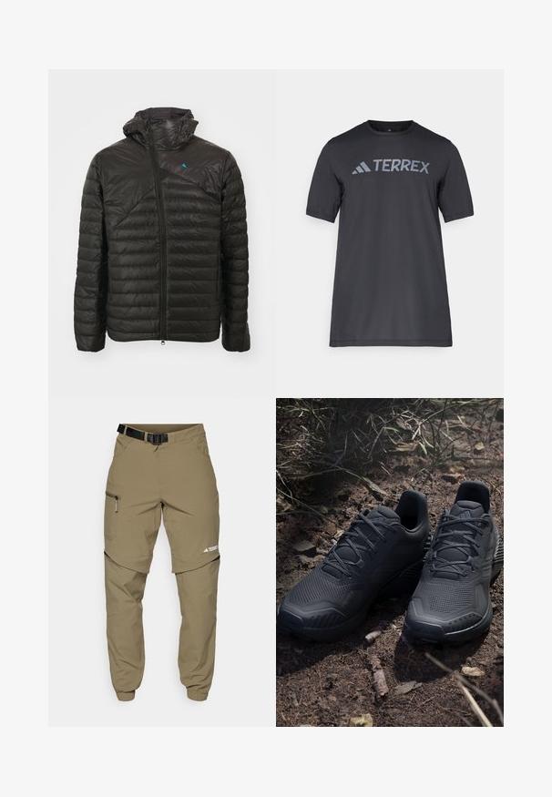 Veste en duvet noire avec fermeture éclair à l'avant, capuche et motif matelassé diagonal. Présente un petit logo bleu sur la poitrine. Texture lisse et légère.; T-shirt noir à manches courtes en tissu léger, arborant un logo « TERREX » gris clair sur la poitrine et un col rond.; Pantalons d'extérieur kaki avec une ceinture noire ajustable, des poches zippées, des poignets fuselés et des jambes inférieures détachables pour un style polyvalent.; Chaussures de sport noires avec une tige en tricot texturé, un embout renforcé et une semelle rembourrée, exposées sur un sol argileux parsemé de brindilles.