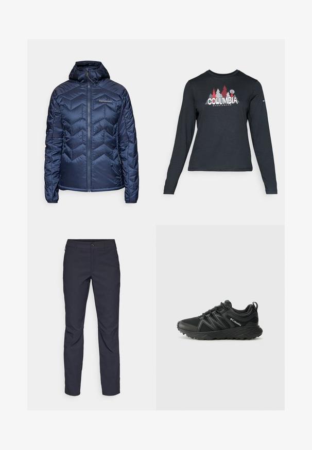 Tumesinine puffer-jakk, millel on kapuuts, rõhutatud chevroni tikandi mustriga ja tõmblukuga kinnitamine. Kerge materjal ja elastsed mansetid mugavaks istuvuseks.; Pikend varrukatega tumehall särk, millel on punaste puude ja mägede graafika; "COLUMBIA" logo julge valge tekstiga. Pehme kangas, tavaline ümmargune kaelus.; Tumedat sinised püksid sujuva kangaga, millel on esiääre nuppude sulgemine, kitsas lõige ja volditud detailid põlvede piirkonnas.; Columbia PEAKFREAK - Matkajalatsid - black