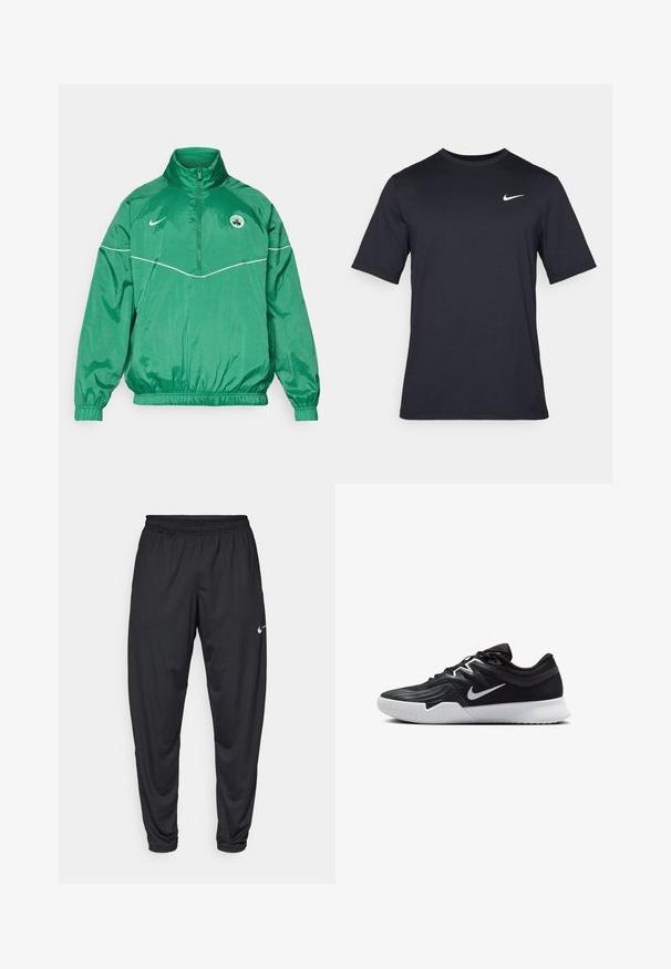 Zelena najlonska jakna s visokim ovratnikom, prednjim zatvaranjem na patentni zatvarač, elastičnim manžetama i pojasom, s bijelim naglaskom i logotipom na prsima.; Crna kratka majica s kratkim rukavima marke Nike, izrađena od glatkog materijala, s bijelim swoosh logom na gornjoj lijevoj strani, okrugli izrez.; Crne atletske hlače s elastičnom trakom u struku, sužene nogavice i mali bijeli Nike logo na lijevom bedru. Glatka tkanina, bez uzoraka.; Crna sportska cipela s teksturiranim gornjim dijelom, bijelim Nike swooshom i bijelim gumennim potplatom. Ima dizajn s vezanjem i dinamičan oblik.