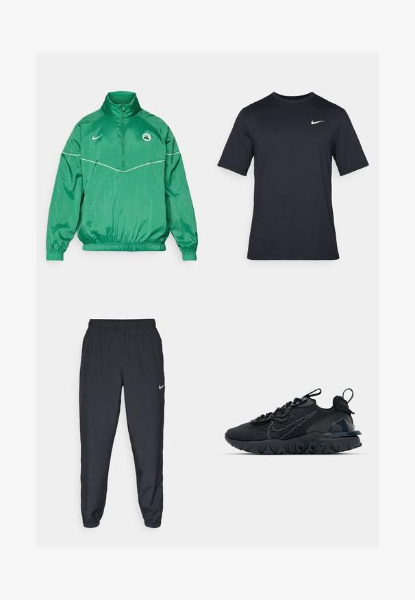 Green nylon jacket with a high collar, zippered front, elastic cuffs, and waistband, featuring a white accent and a logo on the chest.; Black short-sleeve Nike t-shirt made of smooth fabric, featuring a white swoosh logo on the upper left side, crew neckline.; Black track pants made from lightweight fabric with an elastic waistband, ankle cuffs, and a discreet Nike logo on the left side.; Black athletic shoe with a breathable mesh upper, textured accents, and a wavy rubber sole. Features reflective logo and lacing system.