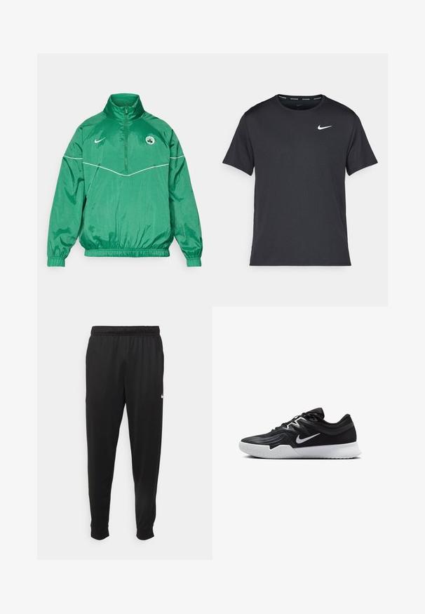 Grøn nylonjakke med høj krave, lynlåslukning foran, elastiske manchetter og talje, med et hvidt detaljer og et logo på brystet.; Sort Nike løbe T-shirt lavet af let, åndbart materiale, med korte ærmer og et lille hvidt logo på brystet.; Sorte atletiske bukser lavet af glat stof, med elastisk talje, smalnende ben og et lille hvidt logo på venstre side.; Sort atletiksko med en tekstureret overdel, hvid Nike swoosh og en hvid gummisål. Har en snørret design og dynamisk form.