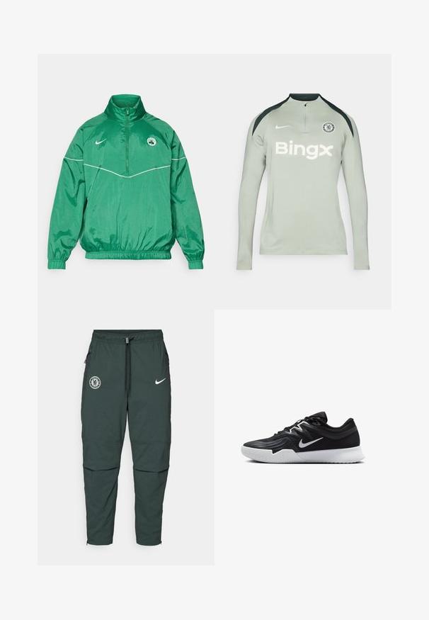Grüne Nylonjacke mit hohem Kragen, Reißverschluss vorn, elastischen Bündchen und Saum, versehen mit einem weißen Akzent und einem Logo auf der Brust.; Langärmliges, hellgraues Sportshirt mit schwarzen Schulterakzenten, Reißverschlusskragen, Nike-Logo und dem Text 'Bingx' auf der Vorderseite. Chelsea FC-Logo ist vorhanden.; Dunkelgrüne Nike Jogginghosen mit elastischem Bund, verstellbarem Kordelzug, seitlichen Reißverschlüssen und Chelsea FC-Logo auf dem linken Oberschenkel.; Schwarzer Sportschuh mit strukturiertem Obermaterial, weißem Nike-Warenzeichen und einer weißen Gummisohle. Verfügt über ein Schnürdesign und eine dynamische Form.