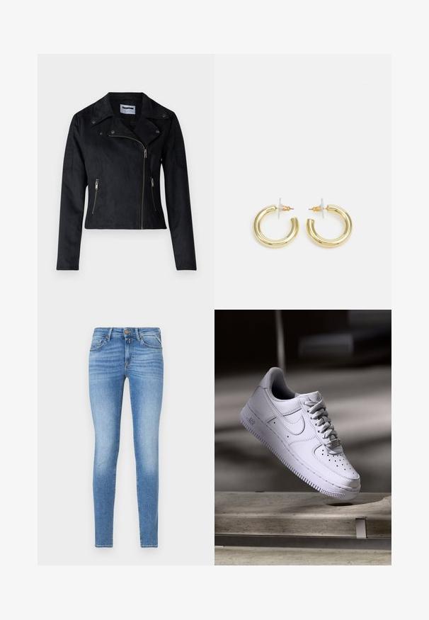 Svart bikerjacka i konstläder med en figursydd silhuett, asymmetrisk dragkedjestängning och snäpplucka vid kragen. Har dragkedjefickor och axelaccenter.; Olivgrön ribbad långärmad topp med volangkrage och axelaccenter, tillverkad av ett stretchigt tyg för en figurnära silhuett.; Slim-fit ljusblå denimjeans med medelhög midja, framknäppning och femfickdesign.; Vit Nike Air Force 1-sneaker som svävar ovanför en betongyta med skuggor i en minimalistisk miljö.; Guldörhängen i form av ringar med en slät, glänsande yta. Cirkulär design med en liten stötta och genomskinlig bakgrund för säker användning.