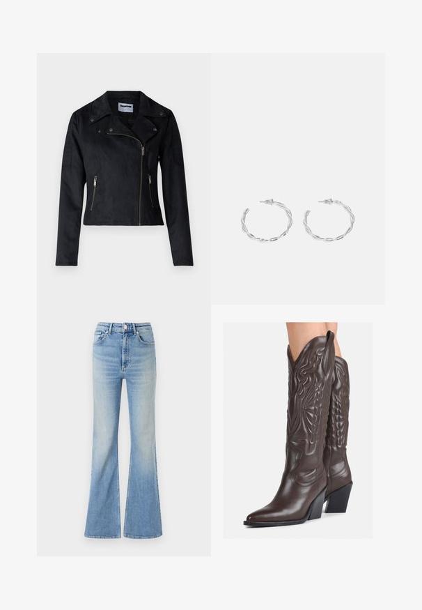 Must must kangas biker jope, sobiva siluett ja asümmeetriline lukustus, klõpsukinnisega krae. Varustatud lukuga taskute ja õlavarre aktsentidega.; Valge ilma varrukateta T-särk, mis on valmistatud ribakangast, ümarate kaelustega ja kitseneva siluetiga, minimaalse õmbluste ning ilma kaunistusteta.; Heledad sinine flared teksapüksid, millel on kõrge vöökoht, viie tasku disain ja peen gradiseeruv hägusus alates hemist.; Pruunid nahast cowboy saapad terava varbaga ja plokk-kandaga, millel on detailne tikand ja kergelt tõstetud aktsendid varrel.; Hõbedased rõngaskõrvarõngad keerutatud disainiga, millel on poleeritud viimistlus ja posti-tagune sulgemine. Diameeter umbes 3 cm.