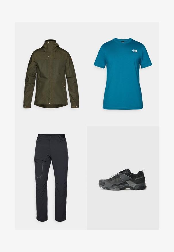 Olive green, lightweight jacket with a hood, snap buttons, and two front pockets; features a smooth texture and minimalistic design.; Teal short-sleeve t-shirt made of soft cotton, featuring a white logo printed on the left chest and a classic crew neck design.; Black outdoor pants featuring a zippered thigh pocket, elastic waistband, and smooth, water-resistant fabric. Clean design with no visible logos.; Black trail running shoe with a durable mesh upper, reinforced toe cap, textured rubber sole, and elastic lacing system for secure fit.