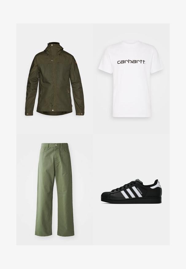 Oliven grøn, letvægtsjakke med hætte, trykknapper og to frontlommer; har en glat tekstur og minimalistisk design.; Hvid bomulds t-shirt med korte ærmer og rund halsudskæring. Har et stort "carhartt" logo i mørkebrun på tværs af brystet.; Olivenfarvede bukser med vide ben, lavet af bomuld. Har bæltesløjfer, en frontknaplukning og sidelommer. Glat tekstur.; Sort Adidas Superstar sneaker med hvide striber, skaletå og "Superstar"-tekst på siden, vist i sideprofil på hvid baggrund.