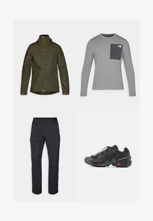 Olívovo zelená, ľahká bunda s kapucňou, cvokovými gombíkmi a dvomi prednými vreckami; má hladkú textúru a minimalistický dizajn.; Dlhý rukáv šedá košeľa s textúrovanou tkaninou, s tmavošedou náprsní kapsou a zipsom. Logo na kapse v bielej farbe.; Čierne vonkajšie nohavice s vreckom na stehne so zipsom, elastickým pásom a hladkým, vodoodolným materiálom. Čistý dizajn bez viditeľných log. ; Čierne bežecké topánky so syntetickým zvrškom, textúrovaným dizajnom a kontrastnými červenými akcentmi. Obsahujú zabezpečený systém šnúrovania a robustnú podrážku.