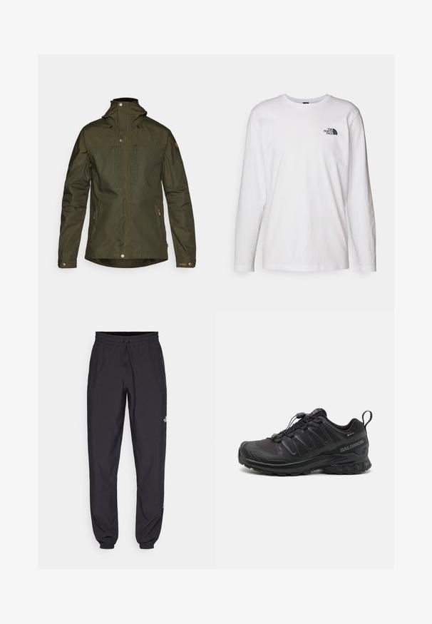 Olijfgroene, lichte jas met capuchon, drukknoopsluitingen en twee voorzakken; heeft een gladde textuur en een minimalistisch ontwerp.; Witte lange mouwen T-shirt gemaakt van katoen met een ronde hals. Beschikt over een klein zwart logo op de borst. Soepele textuur, normale pasvorm.; Zwarte sportieve broek gemaakt van lichtgewicht stof, met een trekkoord in de taille, zijzakken en taps toelopende boorden bij de enkels.; Zwarte sportieve schoen met een gestructureerde synthetische bovenkant, een gevoerde zool en een snelvetersysteem. Heeft een verstevigde neus en hiel.