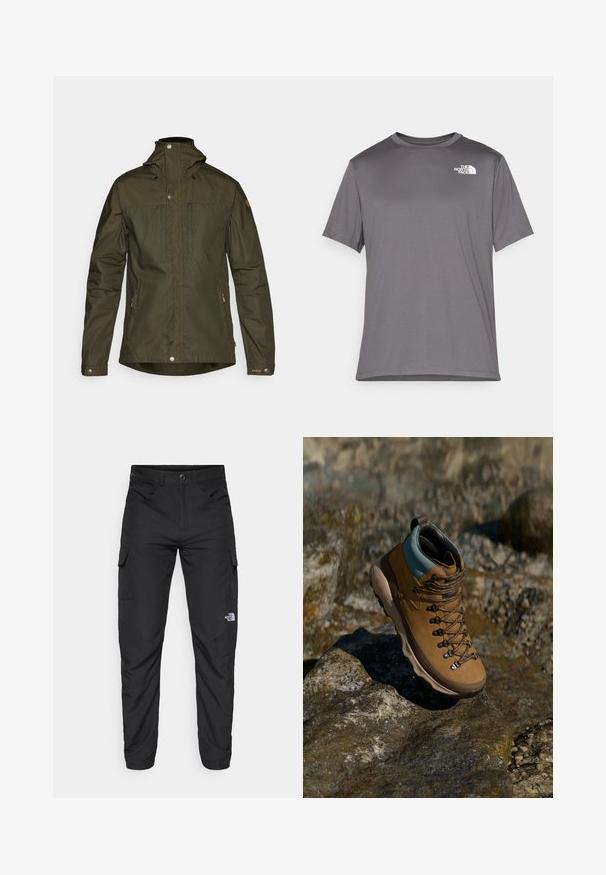 Olíva zöld, könnyű dzseki kapucnival, patent gombokkal és két elülső zsebbel; sima textúrával és minimalista dizájnnal rendelkezik.; Szürke, rövid ujjú sportpóló sima, könnyű anyagból. Bal mellen fehér logó található. Kerek nyakú kialakítás.; The North Face HORIZON PANT - Szabadtéri nadrágok - black; Barna túracipő szintetikus felsőrésszel, világoskék szegéllyel, fém fűzőlyukakkal és textúrált gumitalppal. Kifejezetten szabadtéri tevékenységekhez készült.