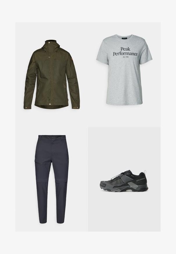 Olivgrön, lätt jacka med huva, tryckknappar och två framfickor; har en slät textur och en minimalistisk design.; Grå bomulls t-shirt med kort ärm och rund halsringning, med svart text som säger "Peak Performance Est. 1986" över framsidan.; Marinblå, lätta byxor med en zip-ficka på låret och rak ben-design; tillverkade av ett mjukt, slitstarkt tyg.; Svart trailrunning sko med ett hållbart mesh-övre, förstärkt tåhuvud, strukturerad gummisula och elastiskt snörsystem för en säker passform.