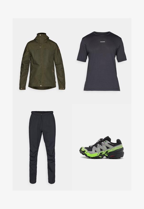 Olijfgroene, lichte jas met capuchon, drukknoopsluitingen en twee voorzakken; heeft een gladde textuur en een minimalistisch ontwerp.; Zwarte korte mouwen performance t-shirt van ademend materiaal, met een ronde halslijn en een klein wit "SALOMON" logo op de borst.; Zwarte lichtgewicht broek met een elastische tailleband, trekkoorden en taps toelopende benen. Gemaakt van waterafstotend materiaal met een gladde textuur.; Zwarte en grijze trailrunning schoenen met heldergroene accenten, voorzien van een gestructureerde zool, geavanceerd vetersysteem en robuuste uitstraling.