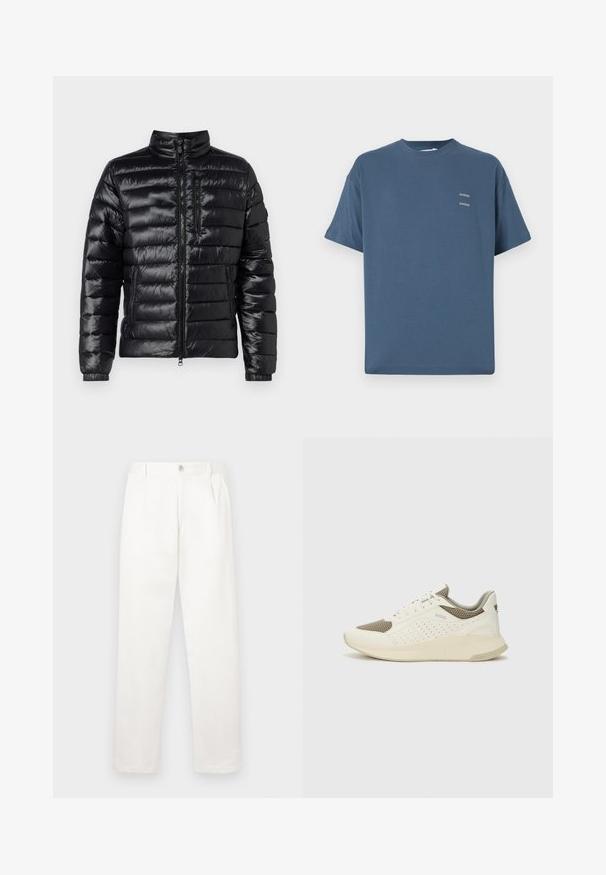 Black puffer jacket with a stand collar, horizontal quilted design, zippered chest pocket, and elastic cuffs; shiny, lightweight material.; Blue cotton t-shirt with a classic crew neck, short sleeves, relaxed fit, and two small printed logos on the chest. Smooth texture.; White trousers made from smooth fabric, featuring a straight leg design, front pleats, and a single button closure at the waist.; White and light beige athletic sneaker, featuring a mesh upper, perforated detailing, and a textured midsole with branding on the heel.