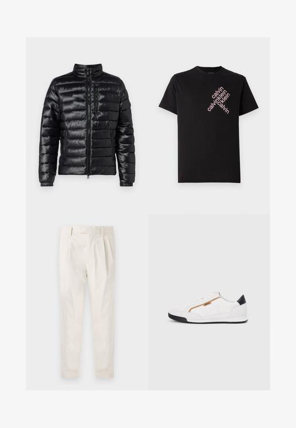Zwarte pufferjack met een opstaande kraag, horizontale gestikte ontwerpen, een ritszak op de borst en elastische manchetten; glanzend, lichtgewicht materiaal.; Zwarte katoenen T-shirt met een diagonale roze "calvin klein" logo-print op de voorkant. Korte mouwen en een ronde halslijn.; Witte, geplooide broeken met een getailleerde pasvorm, met een gladde textuur, riemlussen en taps toelopende benen. Geen zichtbare zakken of patronen.; Witte sportieve schoenen met gaas- en lederen accenten. Voorzien van een gouden "BOSS" logo, gestructureerde zijpanelen en een zwarte hakkap. Rubberen zool.