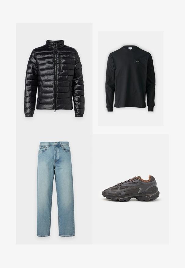Black puffer jacket with a stand collar, horizontal quilted design, zippered chest pocket, and elastic cuffs; shiny, lightweight material.; Black long-sleeve t-shirt made of cotton, featuring a round neckline and a small green embroidered crocodile logo on the left chest.; Light blue denim jeans with a loose fit, straight legs, five-pocket design, and a button closure at the waist. Minimalistic stitching detail.; Lacoste sneakers in dark gray with mesh and synthetic material, featuring a textured sole and brown accents on the collar and branding.