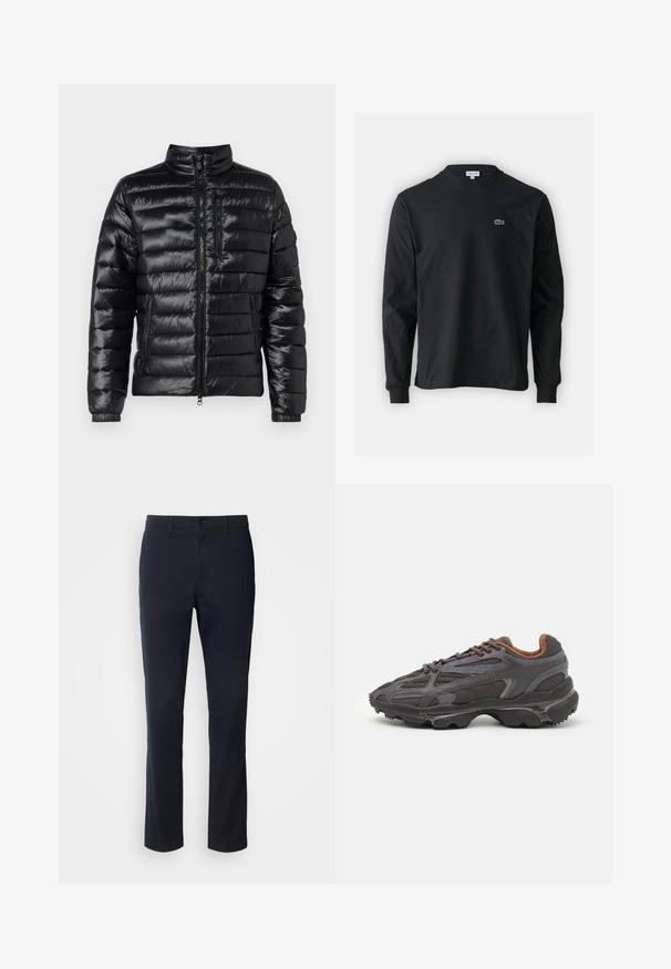 Black puffer jacket with a stand collar, horizontal quilted design, zippered chest pocket, and elastic cuffs; shiny, lightweight material.; Black long-sleeve t-shirt made of cotton, featuring a round neckline and a small green embroidered crocodile logo on the left chest.; Navy blue trousers made of smooth fabric, featuring a straight leg design, belt loops, and a button closure with a zip fly.; Lacoste sneakers in dark gray with mesh and synthetic material, featuring a textured sole and brown accents on the collar and branding.