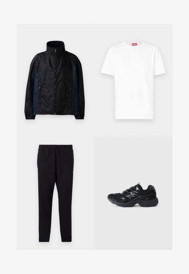 Svart och marinblå vindjacka med hög krage, dragkedja framtill och sidofickor, elastiska muddarna samt en slät yta.; Vit kortärmad t-shirt med rund hals och präglad oval logotyp på bröstet samt en röd Diesel-varumärkesetikett på insidan av kragen.; Svarta sweatpants gjorda av mjukt material, med elastisk midja med dragsko, avsmalnande ben och ribbade muddar.; Svart sportskor med nätmaterial och syntetiska detaljer, rund tå, texturerad sula och kontrasterande glänsande detaljer på ovandelen.