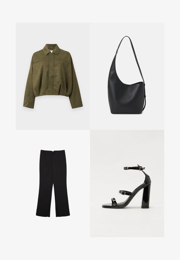 Oliwkowa, skrócona kurtka z miękkiego materiału przypominającego zamsz. Posiada stojący kołnierz, zamek błyskawiczny z przodu oraz luźne, szerokie rękawy.; Czarny top na ramionczkach wykonany z bawełny, z okrągłym dekoltem i szerokimi wycięciami na ramionach. Gładka tekstura z przeszytymi brzegami. Klasyczny, minimalistyczny design.; Czarne spodnie o prostym kroju, z przednimi kieszeniami i bocznymi rozcięciami na dole. Wykonane z miękkiego, gładkiego materiału. Odpowiednie na różne okazje.; Czarne lakierowane sandały na obcasie z kwadratowym noskiem, z paskami wokół kostki i srebrnymi klamrami. Posiadają masywny słupek dla stabilności.; Czarna skórzana torba hobo o gładkiej fakturze, zaokrąglonym kształcie i pojedynczym, regulowanym pasku; posiada szerokie otwarcie na górze.
