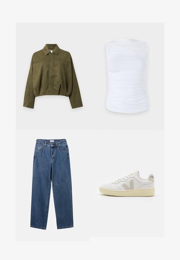 Chaqueta recortada de color verde oliva en material suave similar a ante. Incluye un cuello alzado, cierre frontal con cremallera y mangas sueltas y anchas.; Top blanco sin mangas hecho de una tela suave y elástica con detalles fruncidos a lo largo de los lados, con un escote redondo y una silueta ajustada.; Jeans de mezclilla azul clásico con un diseño de pierna recta, cinco bolsillos y cierre de botón. Presenta un lavado medio y una textura resistente.; Zapatilla de piel blanca con acentos de ante beige, caja de puntera perforada, cordones planos y suela texturizada en color crema. Cuenta con un branding sutil en el talón.
