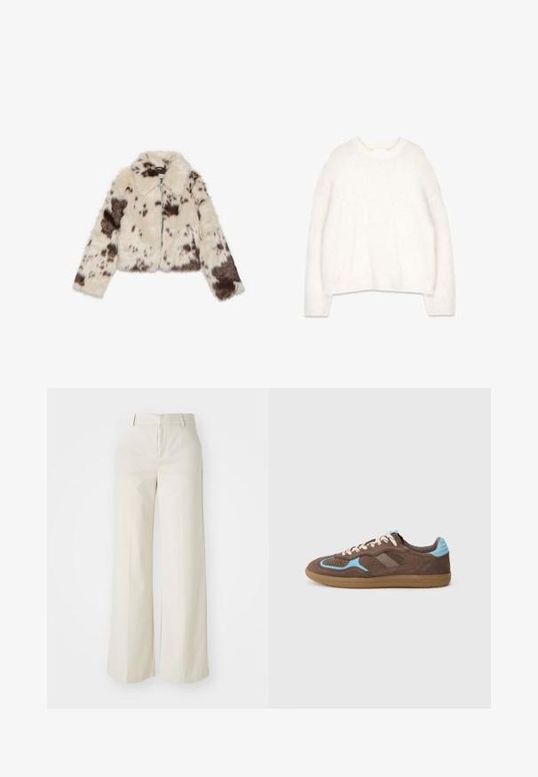 Cropped Jacke aus Kunstfell in Creme mit dunkelbraunen Flecken, ausgestattet mit einem Kragen und einem Frontreißverschluss. Weiche Textur und gemustertes Design.; Weißer, flauschiger Pullover mit rundem Ausschnitt, langen Ärmeln und lockerer Passform. Hergestellt aus weichem, strukturiertem Stoff, mit gerippten Bündchen und Saum.; Weite Hosen in einem hellbeigen Farbton, aus einem glatten Stoff gefertigt. Mit einem klassischen Bund und flachem Vorderteil, das klare Linien zeigt.; Braune Wildledersneaker mit hellblauen Akzenten, weißen Schnürsenkeln und Gummisohle, seitlich auf einem schlichten weißen Hintergrund abgebildet.