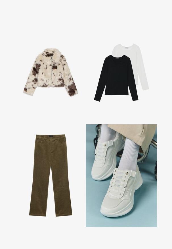 Faux fur cropped jakke i creme med mørkebrune pletter, med krave og frontlynlås. Blød tekstur og mønsterdesign.; To lange skjorter med lange ærmer, en sort og en hvid, begge med firkantet halsudskæring og lavet af blødt, strækbart stof.; Olivengrønne fløjl bukser med flared ben, fem lommer, synlig syning og knaplukning i taljen for en sikker pasform.; Hvide sneakers med mesh-materiale, gummisål, snørebåndsfri design med elastiske bånd og guldtonede accenter.