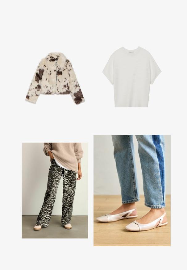 Faux fur cropped jakke i creme med mørkebrune pletter, med krave og frontlynlås. Blød tekstur og mønsterdesign.; Hvid kortærmet t-shirt med en bred rund hals og struktureret ribbet mønster, lavet af blødt stof, med en afslappet pasform og et enkelt design.; Leopardprint brede bukser lavet af blødt stof, med en elastisk talje og et sort og beige farveskema. Parret med en beige sweater.; Lyserøde slingback flade sko med spidse tær, lavet af et glat læderlignende materiale. Har udskæringsdetaljer på siderne og en flad hæl.
