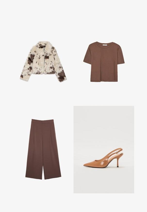 Giacca corta in morbido pelliccia sintetica di colore crema con macchie marroni scure, dotata di colletto e zip frontale. Texture morbida e design a motivi.; Maglietta a maniche corte marrone realizzata in tessuto morbido, con scollatura rotonda e vestibilità rilassata. Nessun motivo o dettaglio visibile.; Pantaloni ampi marroni con una texture liscia, caratterizzati da una vita alta e pieghe frontali. Il tessuto è leggero e scorre liberamente.; Tacco slingback a punta affusolata in un materiale tan liscio e lucido. Presenta un design con ritaglio curvo e un sottile tacco a stiletto. Dettaglio con fibbia argentata.