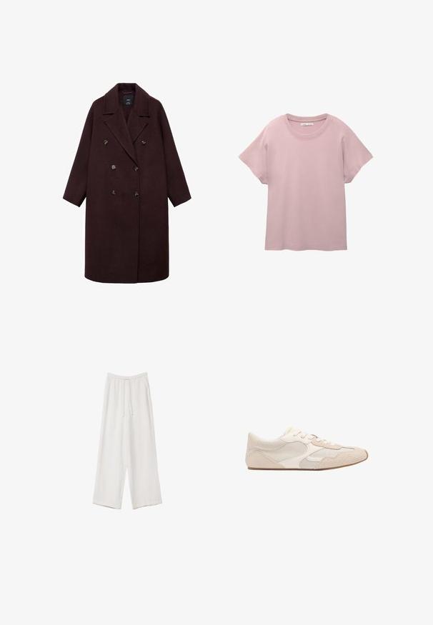 Burgundy uld dobbeltbrystet frakke med notched klapper, seks runde knapper og lange ærmer; blød tekstur, skræddersyet silhuet.; Lys rosa kortærmet t-shirt lavet af glat bomuld. Har en rund hals og en afslappet pasform med en lige skæring på kanten.; Hvide bukser med bred benlængde lavet af et letvægtsstof. Har et elastisk talje med snor og sidelommer. Glat tekstur.; Beige atletisk sko med en kombination af net- og ruskindsmaterialer, rund tå og snørebånd. Teksturerede detaljer på overdelen forbedrer grebet.