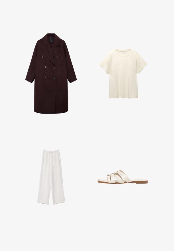 Burgunderfarbener Woll-Doppelreiher mit Revers, sechs runden Knöpfen und langen Ärmeln; weiche Textur, taillierte Silhouette.; Helles beige T-Shirt mit kurzen Ärmeln und Rundhalsausschnitt, aus weichem, glattem Stoff gefertigt. Verfügt über eine lockere Passform und einen geraden Saum.; Weiße weit geschnittene Hose aus leichtem Stoff. Mit einem elastischen Bund und Kordelzug sowie Seitentaschen. Glatte Textur.; Flache Sandalen mit einer honigfarbenen Gummisohle, gestaltet mit drei überlappenden weißen Lederriemen und einem kleinen Schleifendetail in der Mitte.