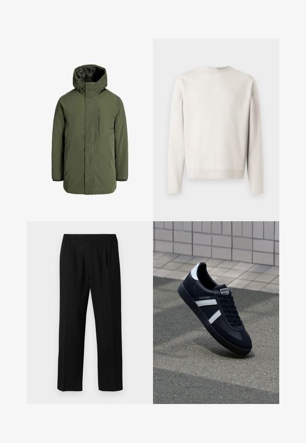Olive green insulated parka jacket with a high collar, hood, and zippered chest pocket. Features smooth texture and minimalist design.; Light gray knit sweater with long sleeves, a round neckline, and ribbed cuffs. Soft texture, relaxed fit, and no visible patterns.; Black trousers made of a smooth fabric, featuring an elastic waistband, straight leg design, and two front pleats for added detail.; Black leather sneaker with white stripes, textured rubber sole, and lace-up front. Features a branded label on the tongue.